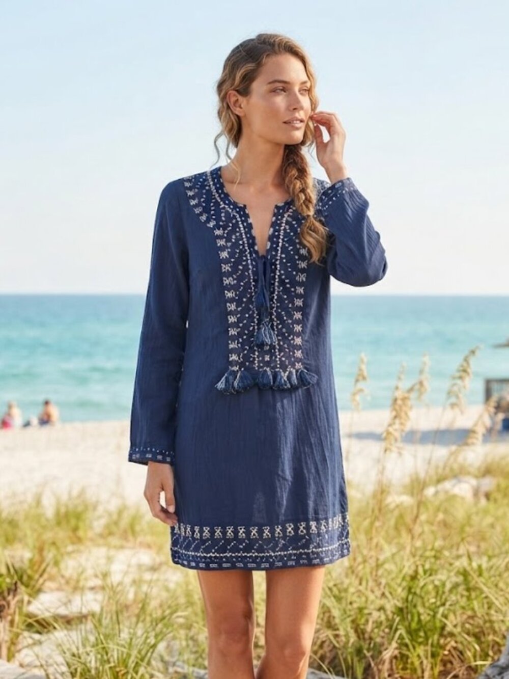 Vineyard Vines Medium Blue Embroidered Tassel Tunic Cover Up Boho Beach Summer